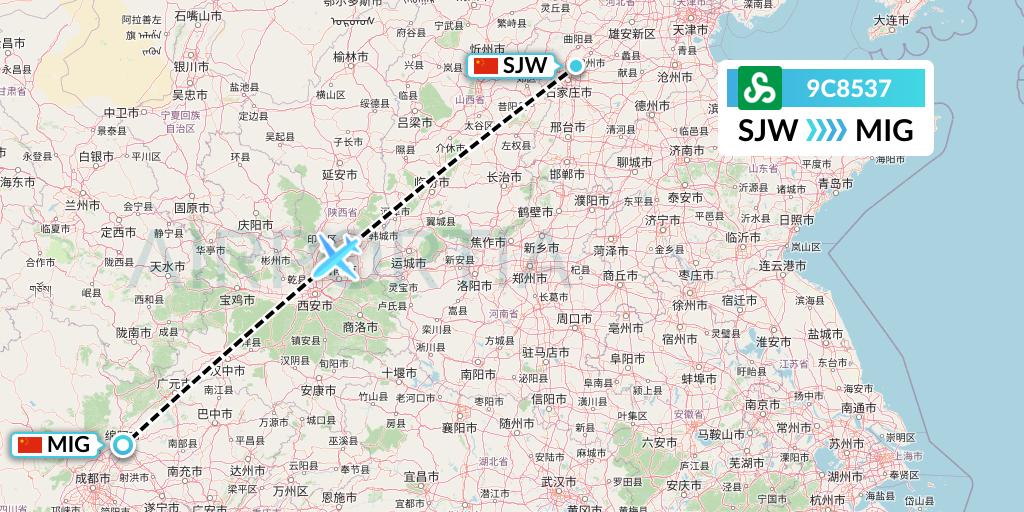 9C8537 Spring Airlines Flight Map: Shijiazhuang to Mianyang