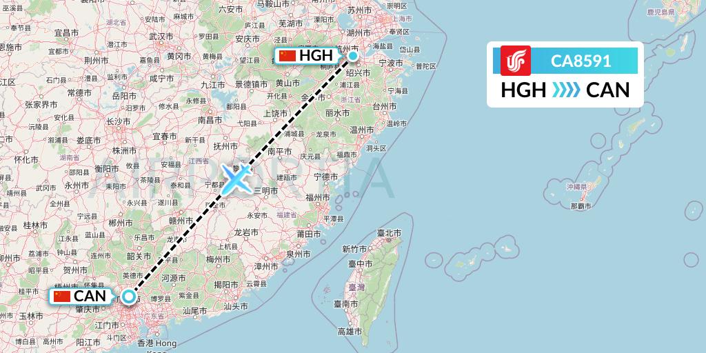 CA8591 Air China Flight Map: Hangzhou to Guangzhou