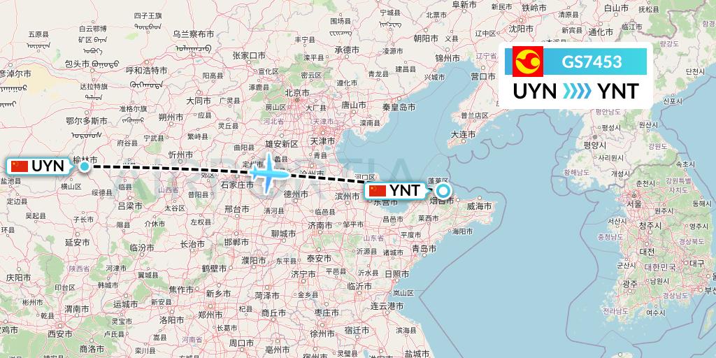 GS7453 Tianjin Airlines Flight Map: Yulin to Yantai