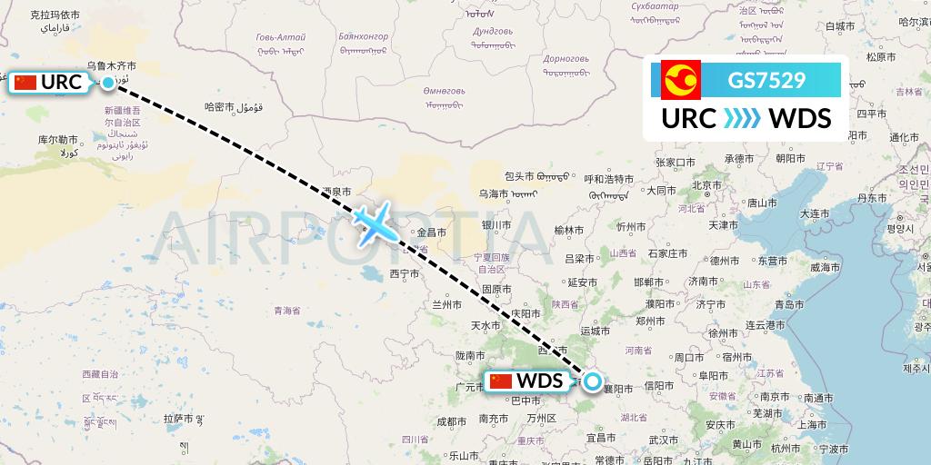 GS7529 Tianjin Airlines Flight Map: Urumqi to Shiyan