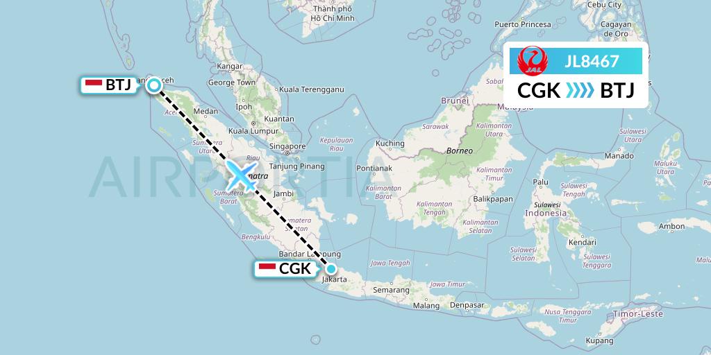 JL8467 Japan Airlines Flight Map: Jakarta to Banda Aceh