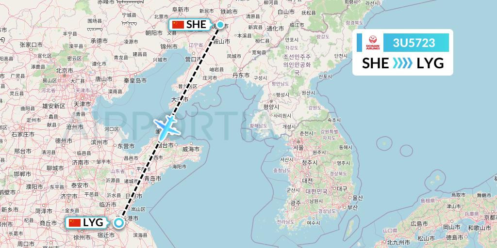 3U5723 Sichuan Airlines Flight Map: Shenyang to Lianyungang