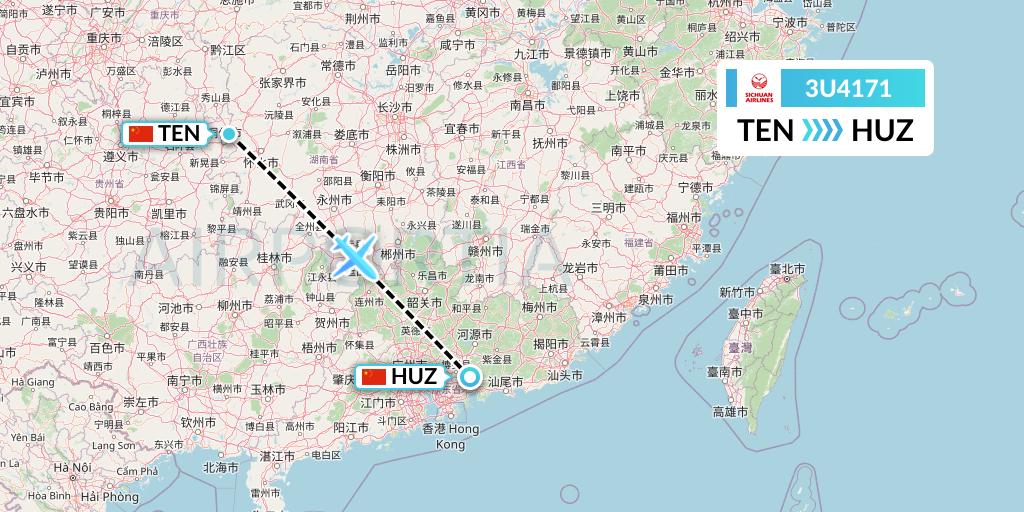 3U4171 Sichuan Airlines Flight Map: Tongren to Huizhou