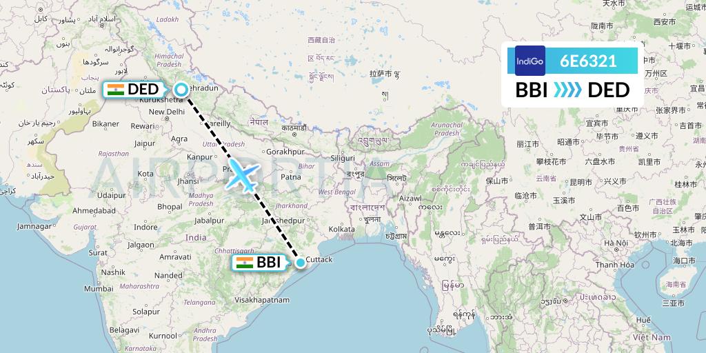 6E6321 IndiGo Airlines Flight Map: Bhubaneswar to Dehradun