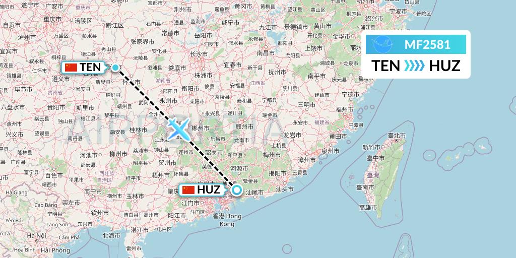 MF2581 Xiamen Airlines Flight Map: Tongren to Huizhou