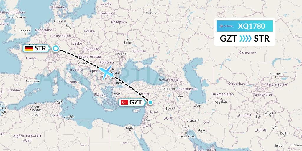 XQ1780 SunExpress Flight Map: Gaziantep to Stuttgart