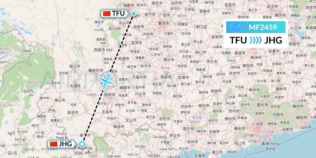 MF2459 Xiamen Airlines Flight Map: Chengdu to Jinghong