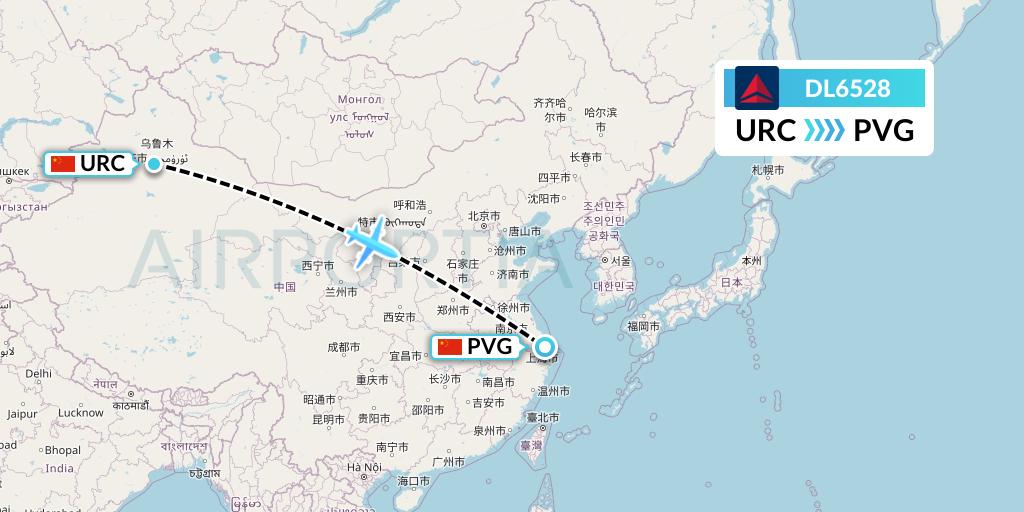 DL6528 Delta Air Lines Flight Map: Urumqi to Shanghai