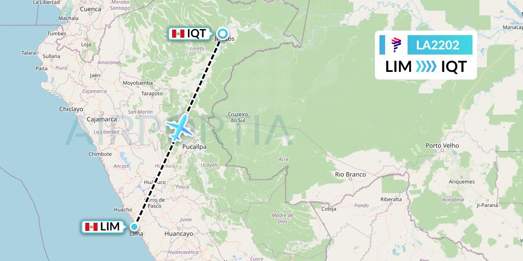 LA2202 LAN Airlines Flight Map: Lima to Iquitos