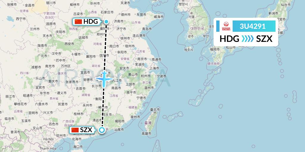 3U4291 Sichuan Airlines Flight Map: Handan to Shenzhen