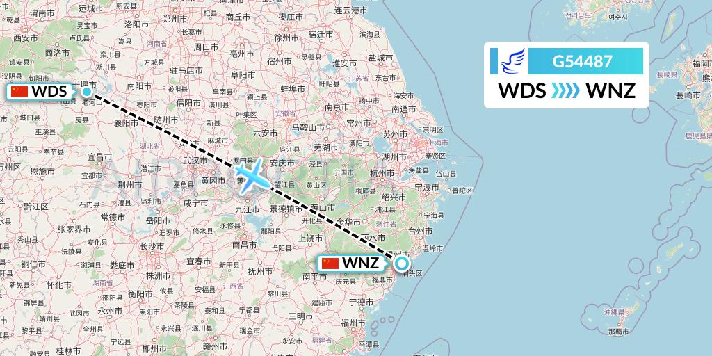 G54487 China Express Airlines Flight Map: Shiyan to Wenzhou