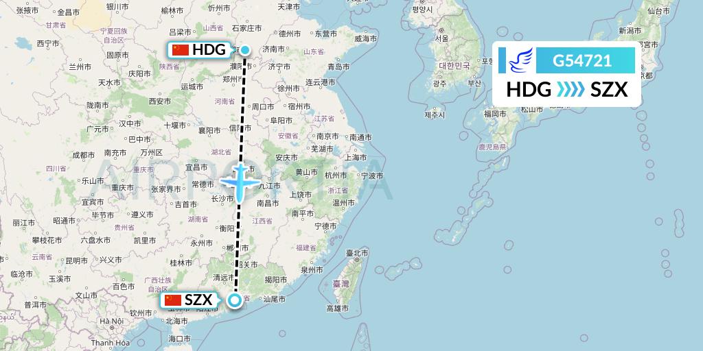 G54721 China Express Airlines Flight Map: Handan to Shenzhen