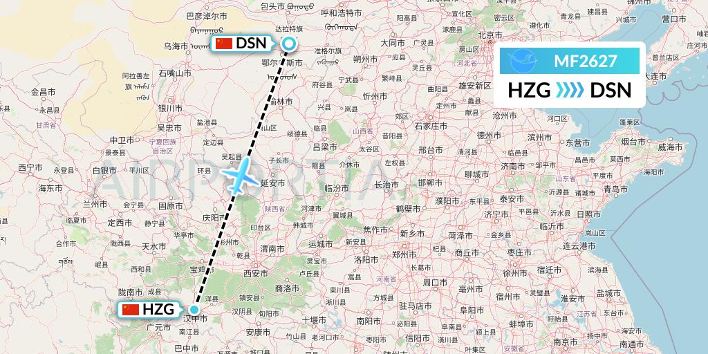 MF2627 Xiamen Airlines Flight Map: Hanzhong to Dongsheng