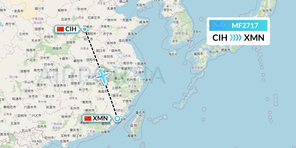 MF2717 Xiamen Airlines Flight Map: Changzhi to Xiamen