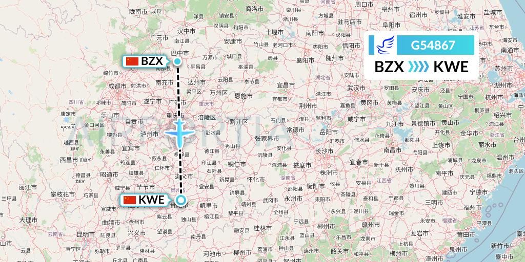 G54867 China Express Airlines Flight Map: Guangyuan to Guiyang
