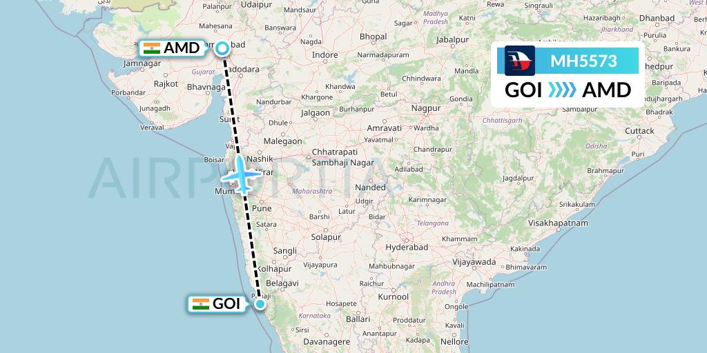 MH5573 Malaysia Airlines Flight Map: Goa to Ahmedabad