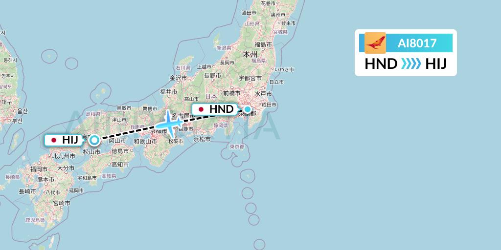 AI8017 Air India Flight Map: Tokyo to Hiroshima