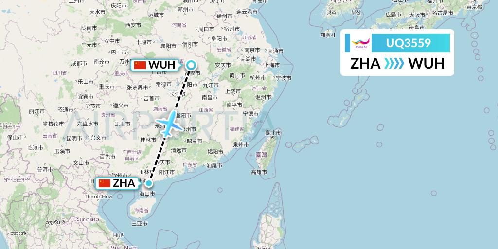 UQ3559 Urumqi Airlines Flight Map: Zhanjiang to Wuhan