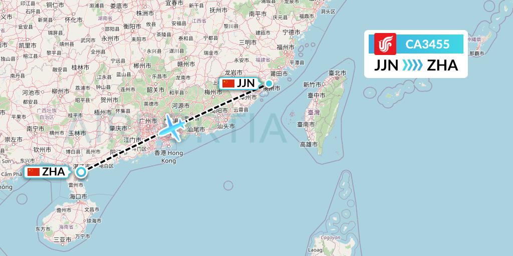 CA3455 Air China Flight Map: Jinjiang to Zhanjiang