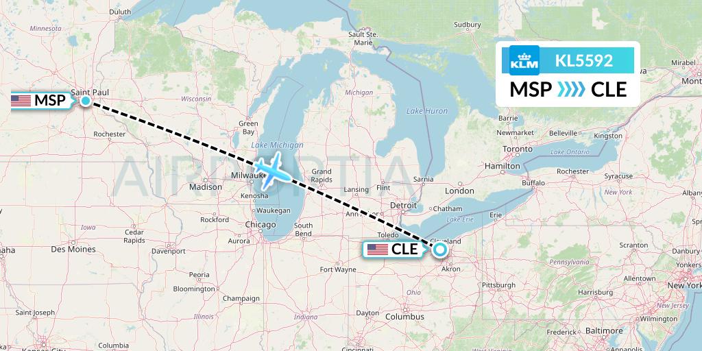 KL5592 KLM Flight Map: Minneapolis to Cleveland