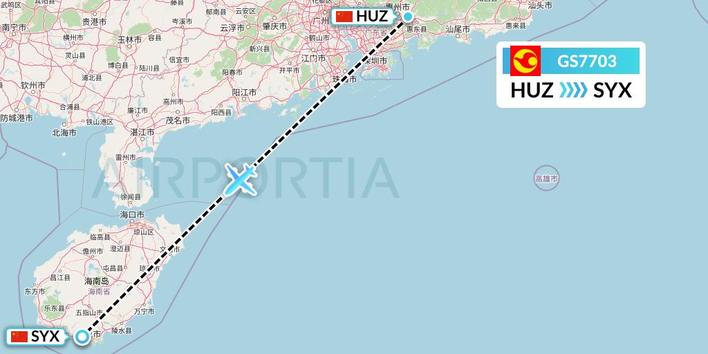 GS7703 Tianjin Airlines Flight Map: Huizhou to Sanya