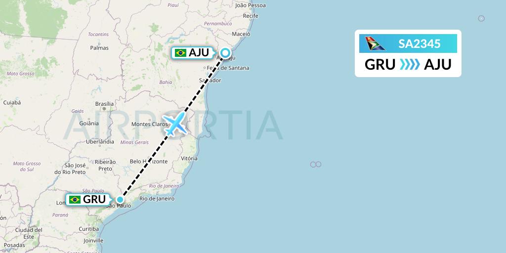 SA2345 South African Airways Flight Map: Sao Paulo to Aracaju