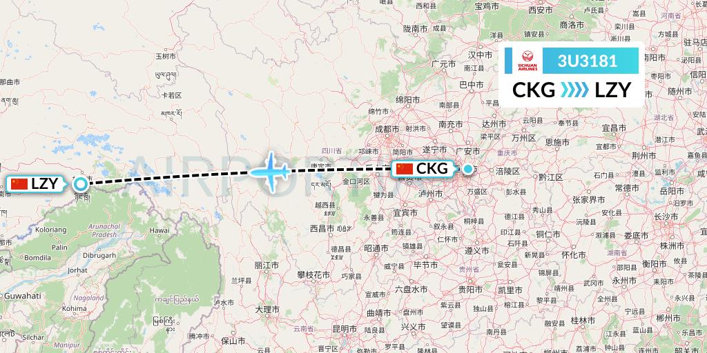 3U3181 Sichuan Airlines Flight Map: Chongqing to Nyingchi