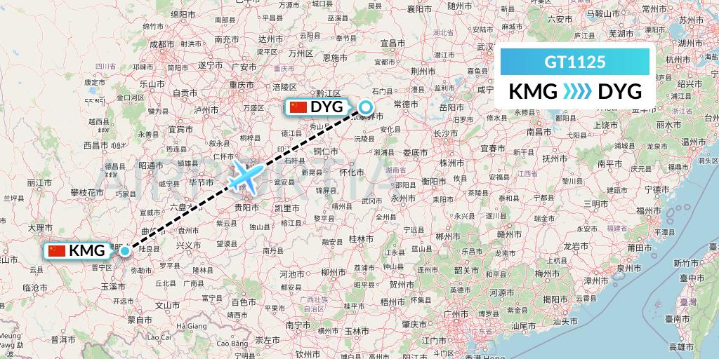 GT1125 Air Guilin Flight Map: Kunming to Dayong