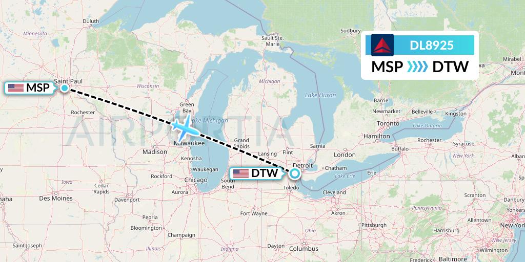 DL8925 Delta Air Lines Flight Map: Minneapolis to Detroit