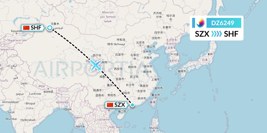 DZ6249 Donghai Airlines Flight Map: Shenzhen to Shihezi