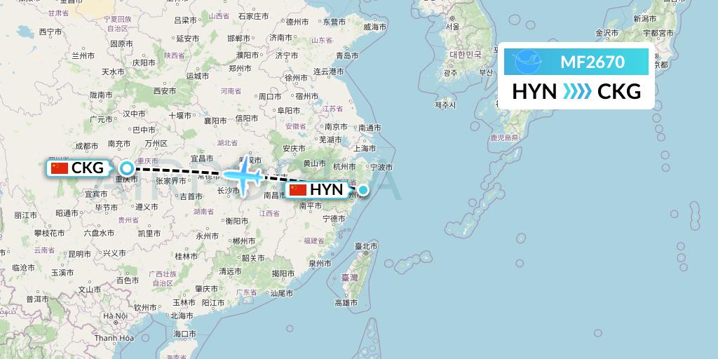 MF2670 Xiamen Airlines Flight Map: Huangyan to Chongqing