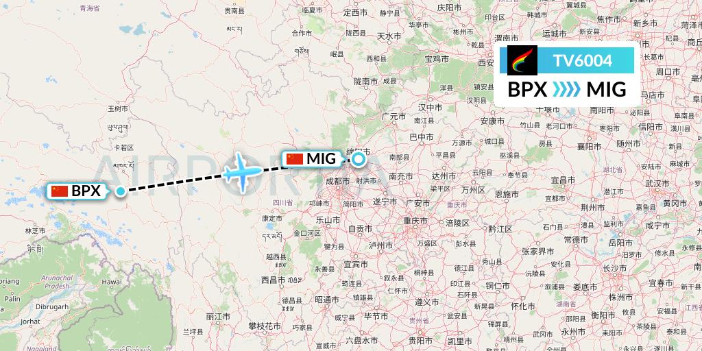 TV6004 Tibet Airlines Flight Map: Bangda to Mianyang
