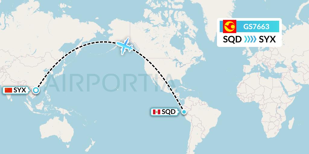 GS7663 Tianjin Airlines Flight Map: San Francisco de Yeso to Sanya