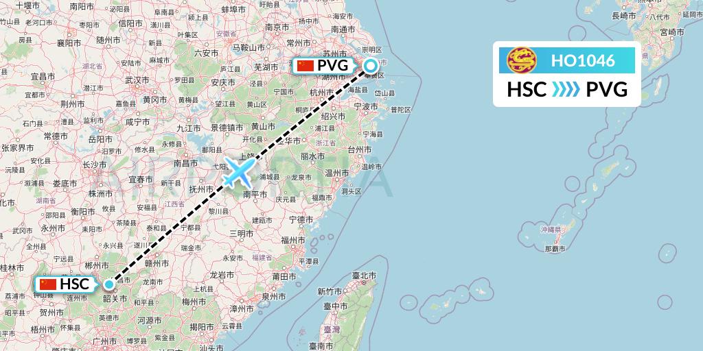 HO1046 Juneyao Airlines Flight Map: Shaoguan to Shanghai