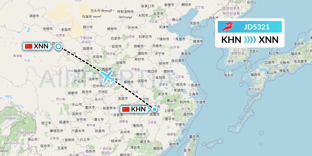 JD5321 Capital Airlines Flight Map: Nanchang to Xining