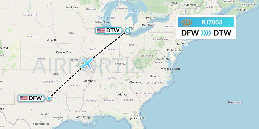 RJ7803 Royal Jordanian Flight Map: Dallas to Detroit
