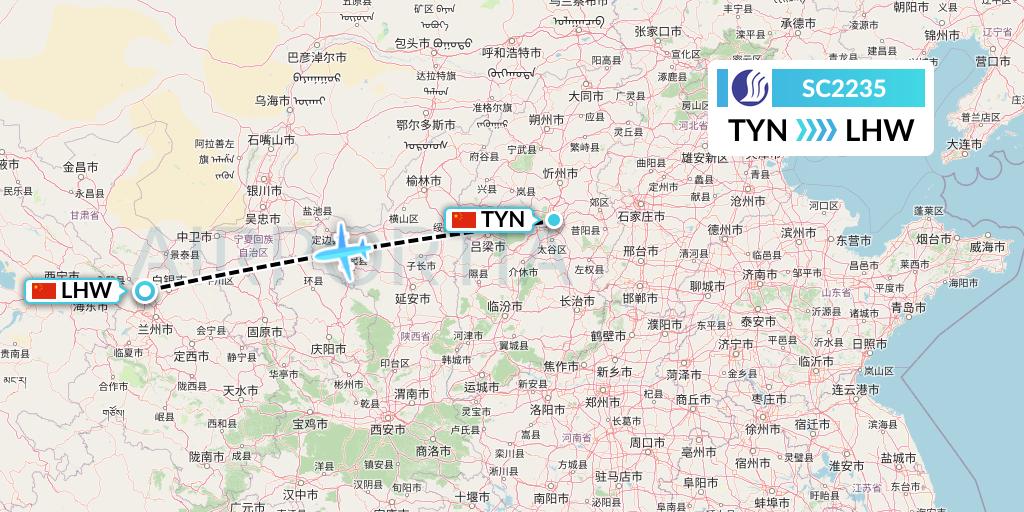 SC2235 Shandong Airlines Flight Map: Taiyuan to Lanzhou