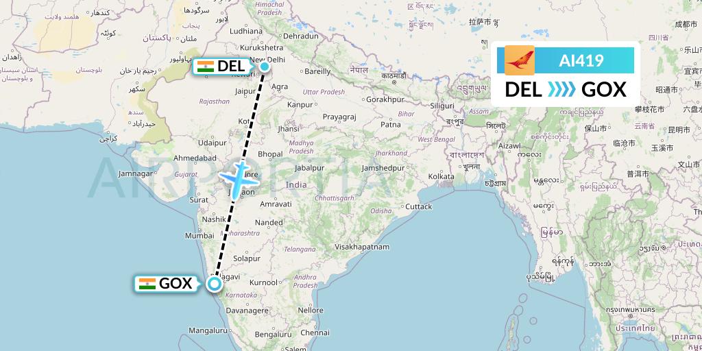 AI419 Air India Flight Map: Delhi to Goa