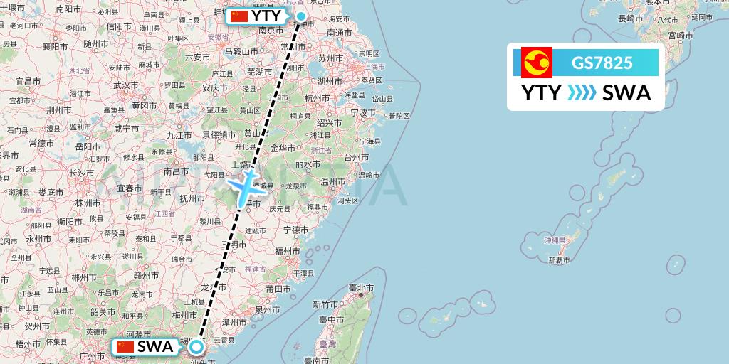 GS7825 Tianjin Airlines Flight Map: Yangzhou to Jieyang