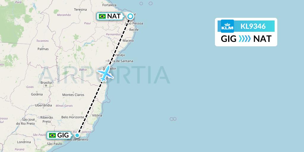 KL9346 KLM Flight Map: Rio de Janeiro to Natal