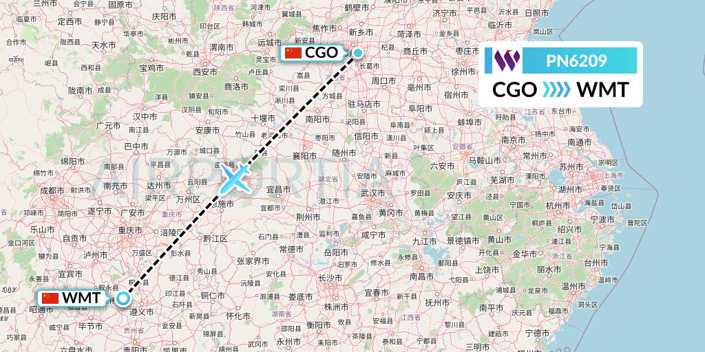 PN6209 China West Air Flight Map: Zhengzhou to Zunyi