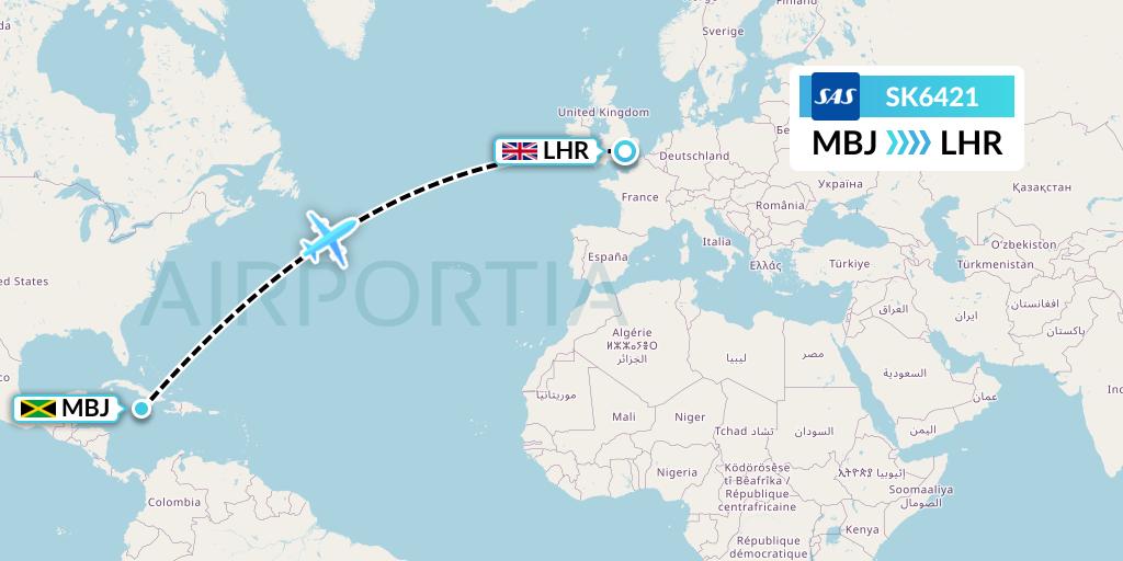 SK6421 SAS Flight Map: Montego Bay to London