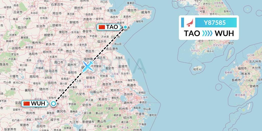 Y87585 Yangtze River Express Flight Map: Qingdao to Wuhan