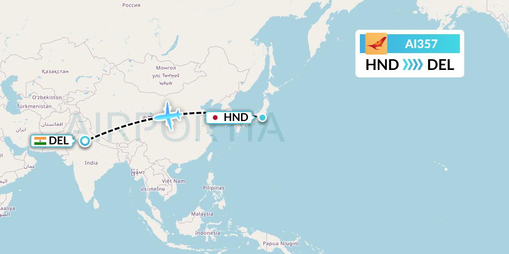 AI357 Air India Flight Map: Tokyo to Delhi