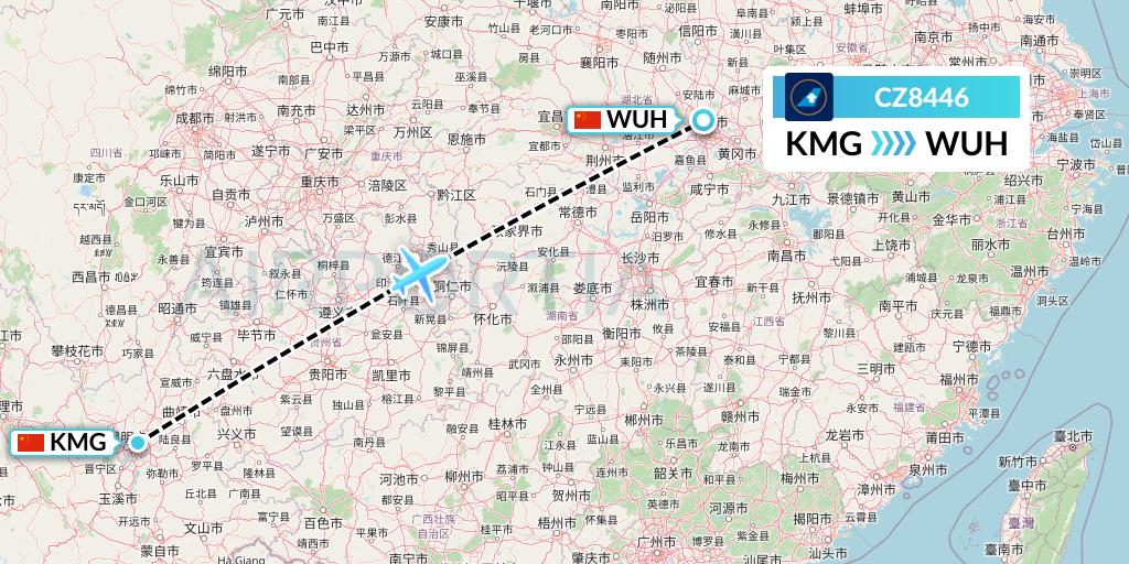 CZ8446 China Southern Airlines Flight Map: Kunming to Wuhan