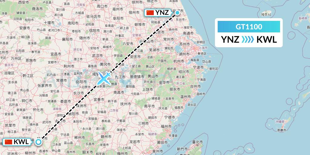 GT1100 Air Guilin Flight Map: Yancheng to Guilin