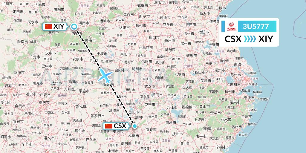 3U5777 Sichuan Airlines Flight Map: Changsha to Xi'an