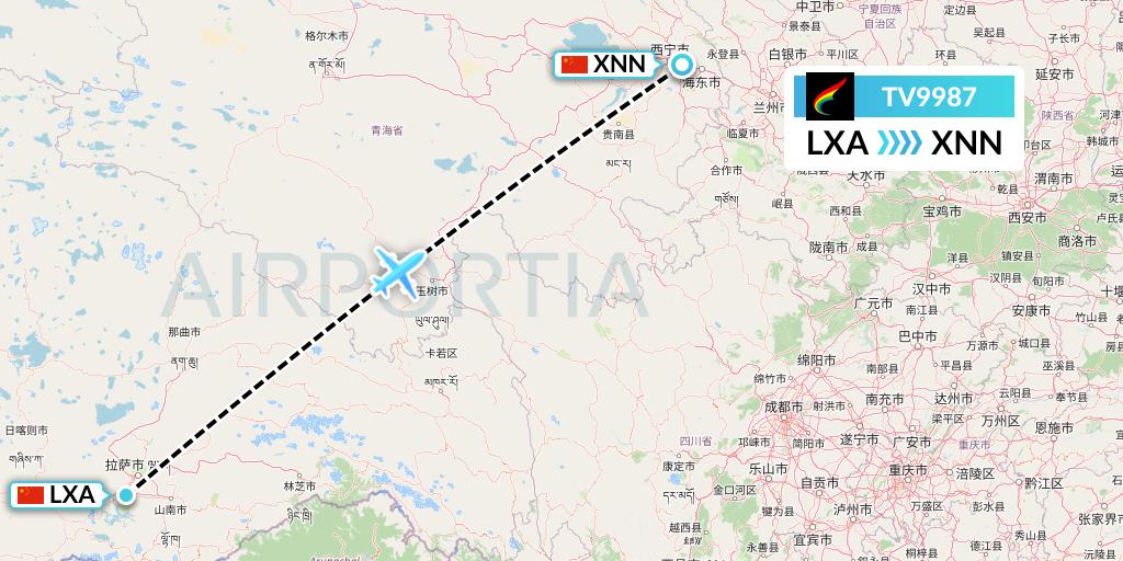 TV9987 Tibet Airlines Flight Map: Lhasa to Xining