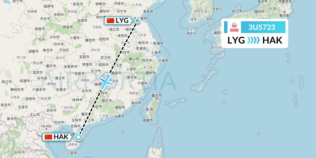 3U5723 Sichuan Airlines Flight Map: Lianyungang to Haikou
