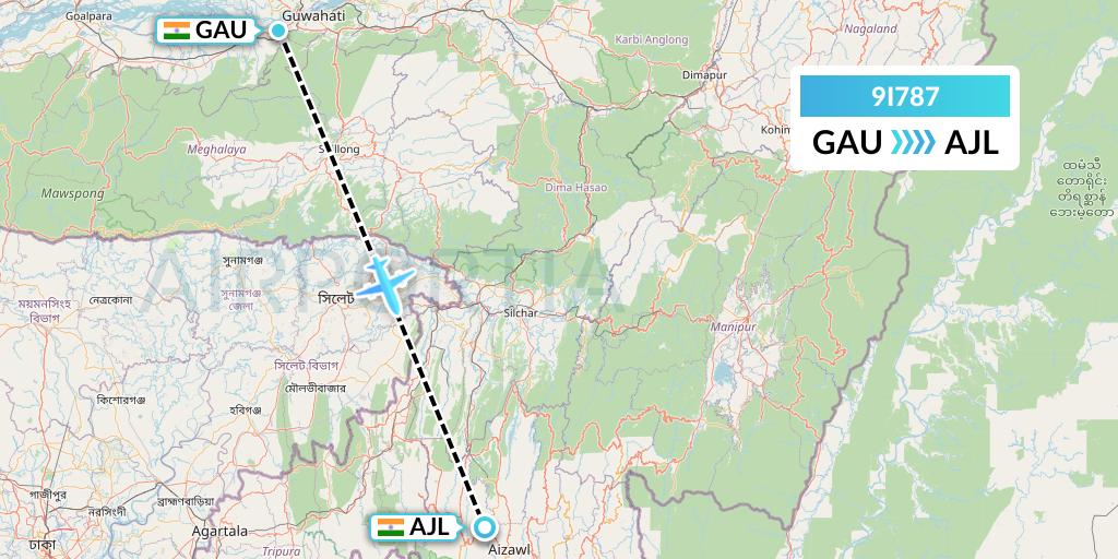 9I787 Air India Regional Flight Map: Guwahati to Aizawl